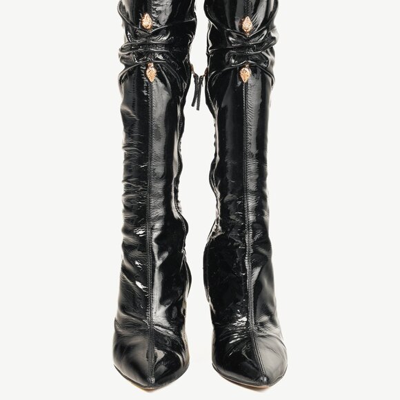 Roberto Cavalli Black Patent Leather Twin-Snake-Heads Tall Stiletto Boot - Picture 2 of 12